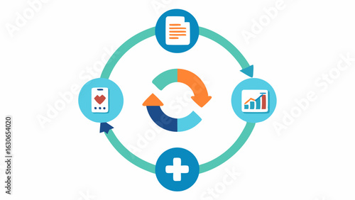 Data Analysis Cycle A circular flow diagram showing the cycle of data input AI analysis prediction output and followup actions in healthcare.