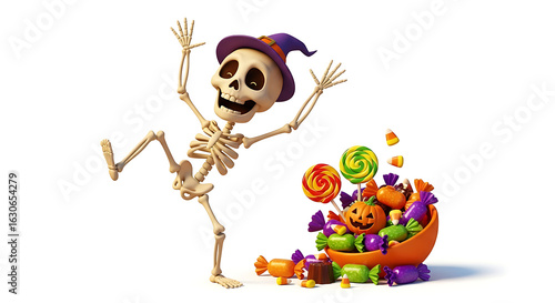 A cartoon skeleton wearing a witch hat next to a bowl full of halloween candy on a white background
