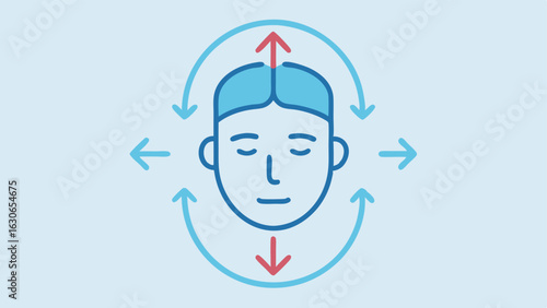 Cooling Process An outline of the face with arrows indicating the cold flow process from the cryotherapy device highlighting areas of reduction in inflammation.
