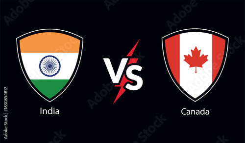 India versus canada national flags displayed on shields with a stark red versus symbol in the center against a black background