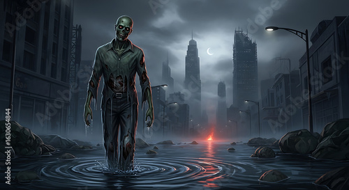 Zombie wading through water in a flooded city with buildings and streetlights under a cloudy dark sky