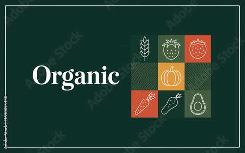 Elegant Organic Food Banner with Fresh Produce Illustrations and Clean Design for Branding and Marketing Campaigns Celebrating Healthy Eating and Sustainable Living