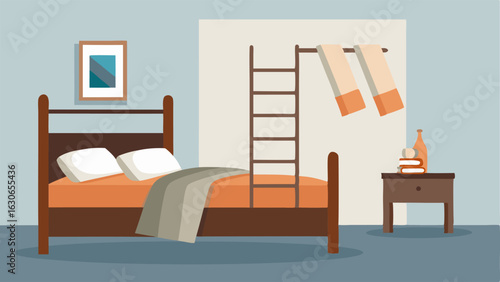 A guest room with a metal bed frame neutral bedding and a wooden ladder used as a blanket holder.