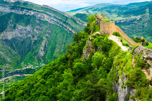 Picturesque mountain landscape with a photofacility tower of the Russian fortress in Gunib. Dagestan, Caucasus