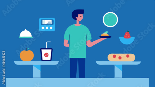 Food Choices A person standing in front of a table filled with various foods holding a digital scale to weigh portions while looking at glucose readings on a smarch.