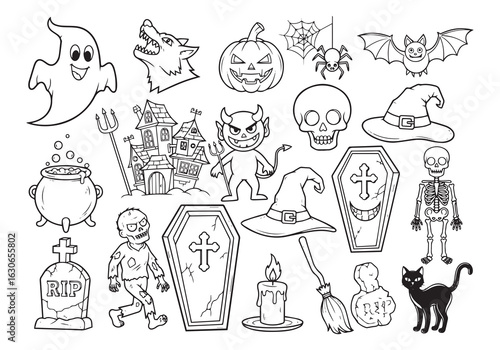Halloween doodle collection with spooky characters and symbols