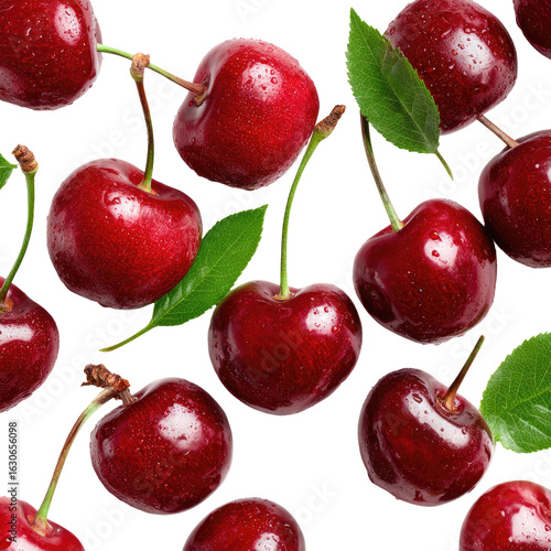 Fresh, juicy cherries with leaves