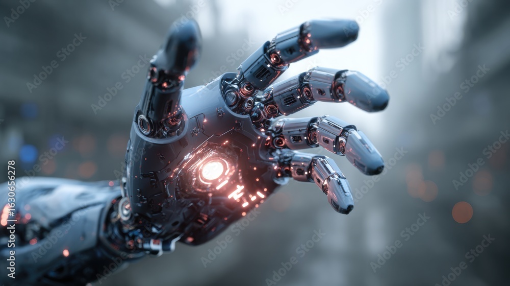Fototapeta premium robotic hand reaching futuristic city