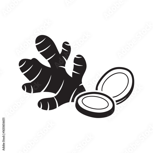 Stylized black and white illustration of a fresh ginger root with two sliced ginger pieces