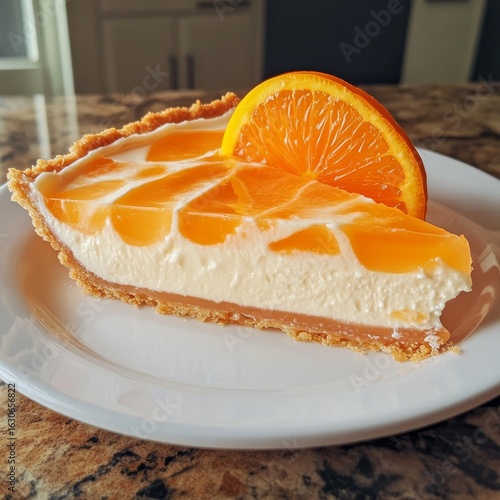 A slice of orange cheesecake with a slice of orange on top