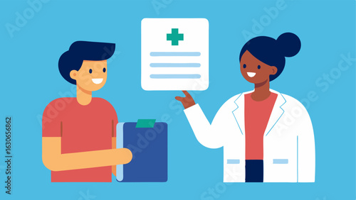 Customized Health Plan The doctor presenting a personalized health plan document while the patient reviews it showing cooperation and understanding in their approach to health