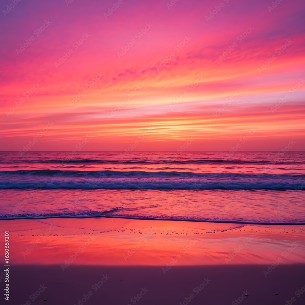 Fototapeta premium Vibrant sunset over a tranquil beach.