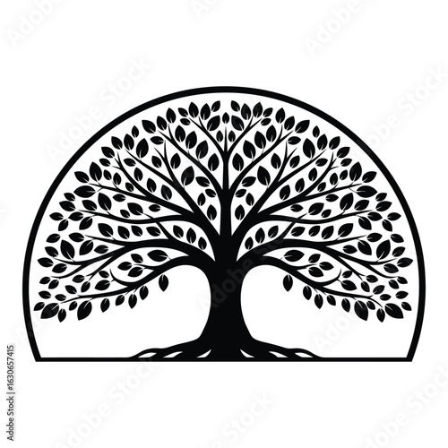 Silhouette black vector vector art of stylized tree of life with roots and branches, isolated on white