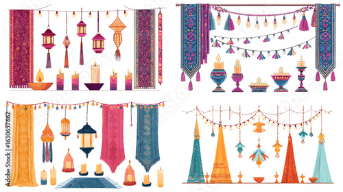 Elegant boho hanging decor and lantern illustration with candles, drapes, tassels, and cultural ornaments, perfect for festive backgrounds and celebration scenes.

