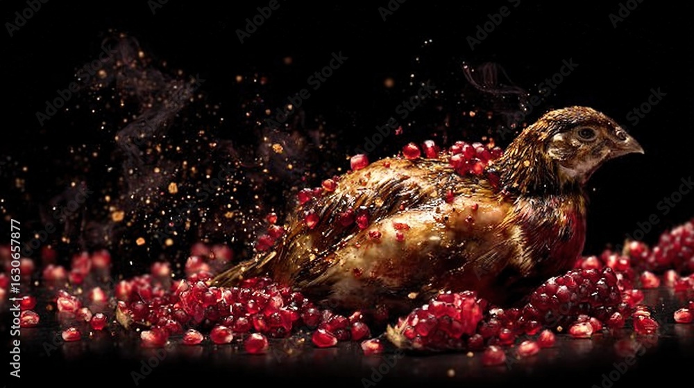 Obraz premium A bird perched on top of stacked pomegranates atop a dark table against a black backdrop