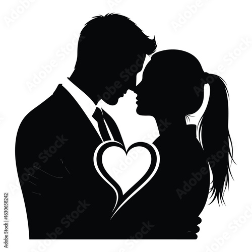 Silhouette black vector vector art of silhouette of a couple in love with a heart, isolated on white background