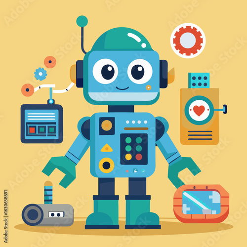 Friendly blue robot with various technological gadgets and gears