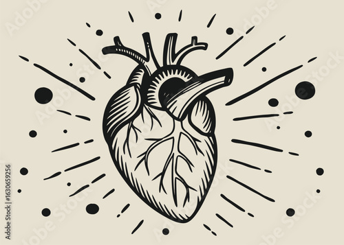 Anatomical heart illustration featuring detailed veins and arteries surrounded by decorative burst effects.