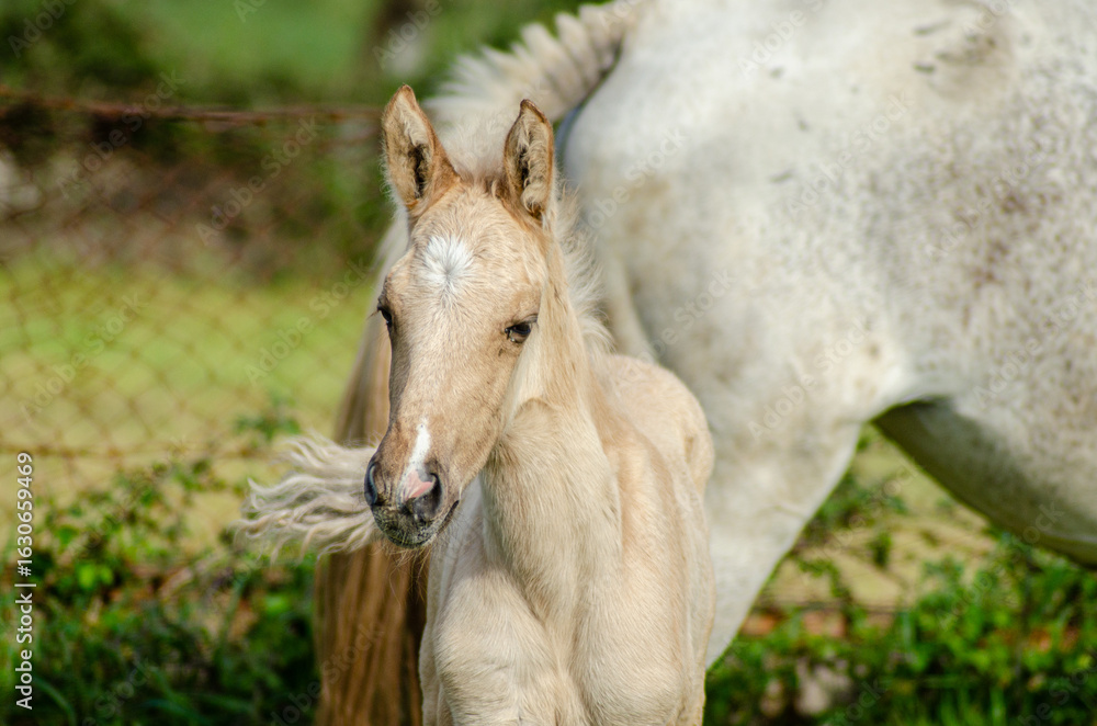 Fototapeta premium A young foal standing with its mother, a concept of new life