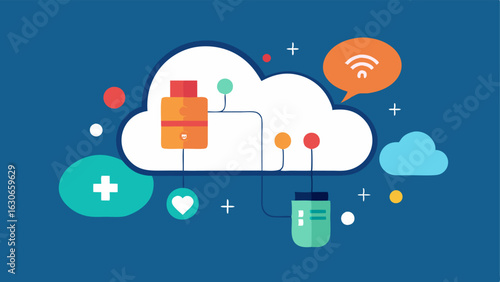 CloudBased Health Data Depict a cloud surrounded by various health symbols e.g. stethoscope pill bottle with algorithms and codes streaming toward it indicating the collection and