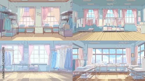 Anime-style laundry room background with neat racks, hanging clothes, and soft morning light, ideal for slice-of-life scenes or background assets.

