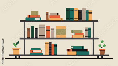 A minimalist bookshelf with black metal shelves and a few carefully curated neutral colored books.