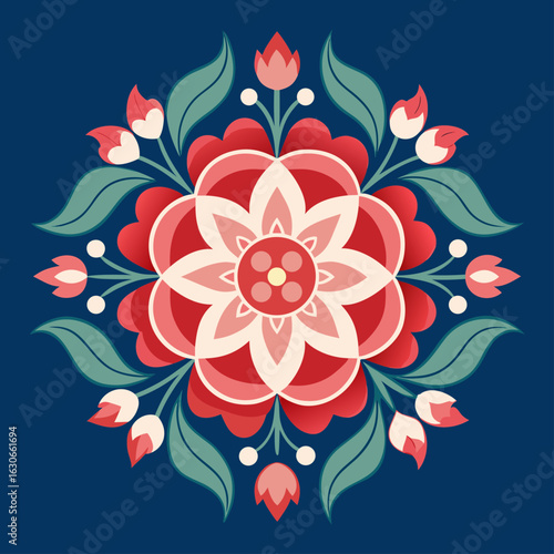 Symmetrical Folk Art Flower Design. Red Floral Mandala.
