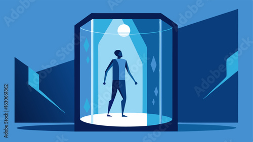 Cryotherapy Chamber A sleek modern cryotherapy chamber with a person stepping inside surrounded by cool blue tones to represent cold air flowing.