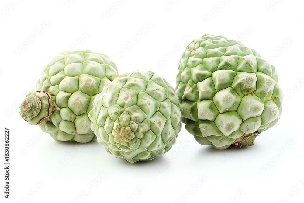 Fototapeta premium Three green sugar apples with unique bumpy skin on a clean white background.
