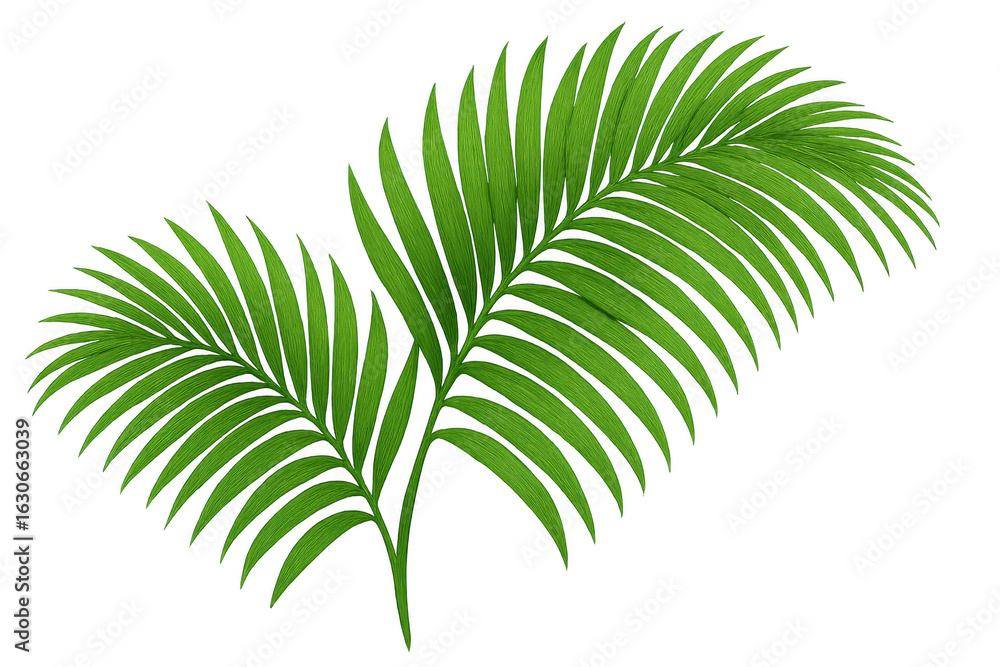 Obraz premium Two lush green palm leaves bring a touch of tropical paradise, isolated on a transparent background, ready to enhance any design