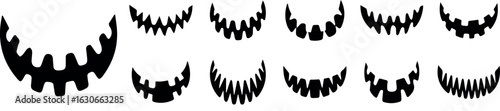 A striking black silhouette of a grinning pumpkin mouth perfect for halloween decorations isolated on transparent background