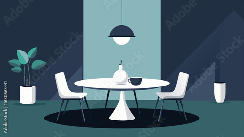 A minimalist dining room with a round black table sculptural white chairs and a large pendant light.