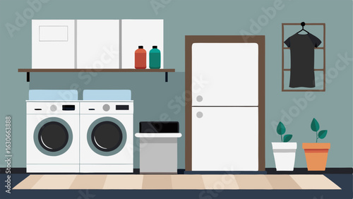 A laundry room with white cabinets and a black frontloading washer and dryer.