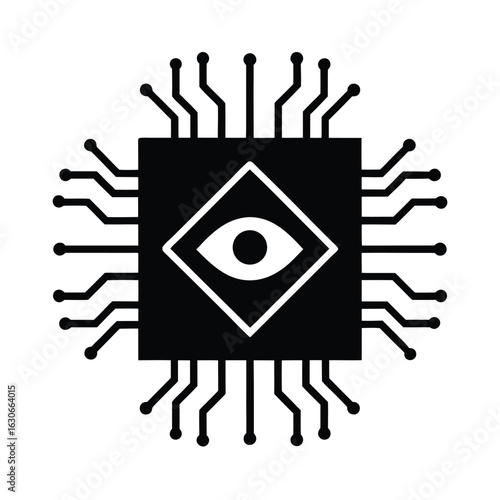 Eye inside chip circuit board technology ai vision system silhouette vector illustration