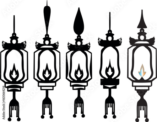 Vector icon set of vintage architecture and antique street lamps,Vector set of antique street lamps,Vector silhouette set of vintage street lamps with architectural details,A vector illustration.