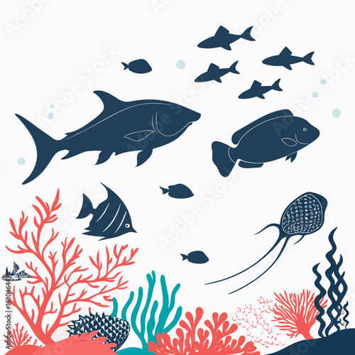 Set of Fish silhouette collection underwater exotic animals illustration
