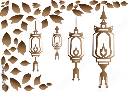 Elegant gold antique lamp with a vintage silhouette, perfect for a luxury holiday street light decoration, seamless hanging ornament design,Golden hanging antique lantern with an ornate pattern design