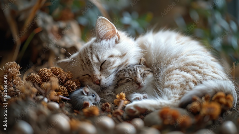 Obraz premium Cat and mouse taking nap together