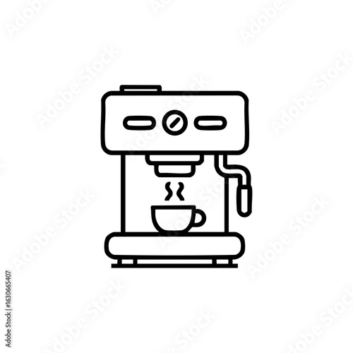 Outline icon of an espresso machine with a cup underneath, representing home coffee brewing or cafe equipment.

