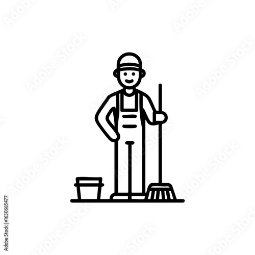 Outline icon of a janitor holding a mop next to a bucket, symbolizing cleaning service, sanitation, and facility maintenance work.


