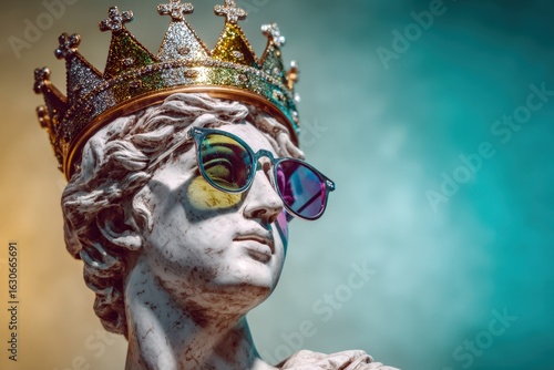 Sculpture of a regal figure wearing sunglasses and a golden crown against a vibrant, colorful backdrop