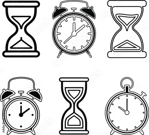 Hourglass, clock silhouette vector set, timer clock alarm sandglass clock collection.