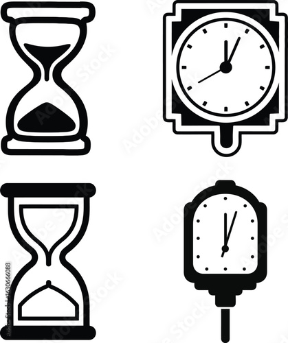 Hourglass, clock silhouette vector set, timer clock alarm sandglass clock collection.