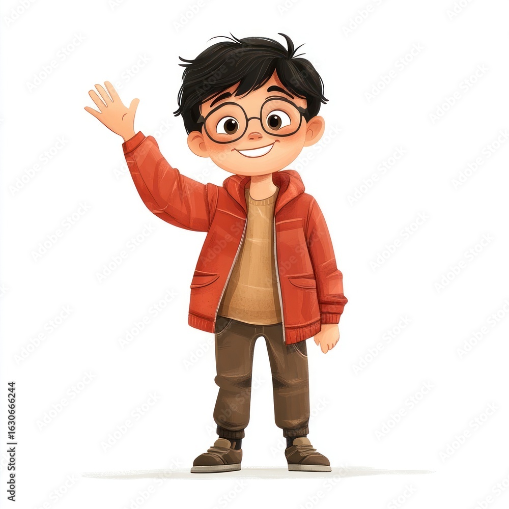Fototapeta premium Boy waving looking at camera illustration jacket round.
