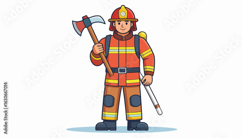 Cartoon Firefighter Character Illustration Brave Emergency Responder in Uniform with Axe, Symbolizing Public Safety, Protection, and Heroic Service.