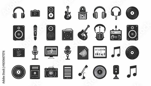 Minimalist Monochrome Vector Icons Set of Audio and Music Technology Equipment. Essential Digital Tools for Sound Design, Entertainment, and Communication Interfaces.