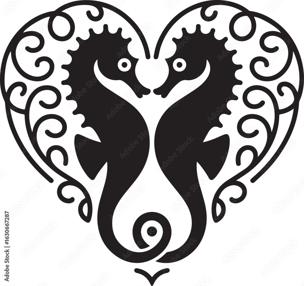 Obraz premium Two seahorses embracing in a heart shape with ornate swirls love romance