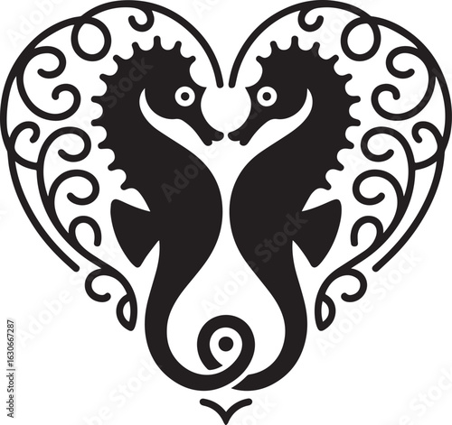 Two seahorses embracing in a heart shape with ornate swirls love romance