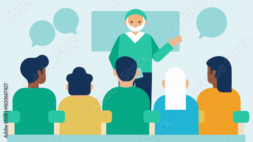 Community Wellness Events A depiction of a community seminar being held in the clinic with attendees learning about longevity and wellness strategies from a knowledgeable speaker.