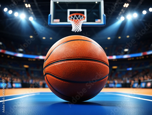 Orange basketball on blue court with stadium lights and hoop image